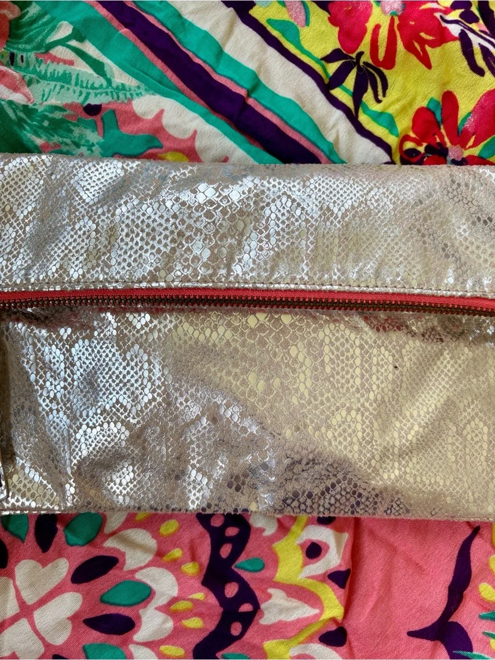 American Eagle Metallic Snakeskin Foldover Clutch Magnetic Snap Close Coral Zip